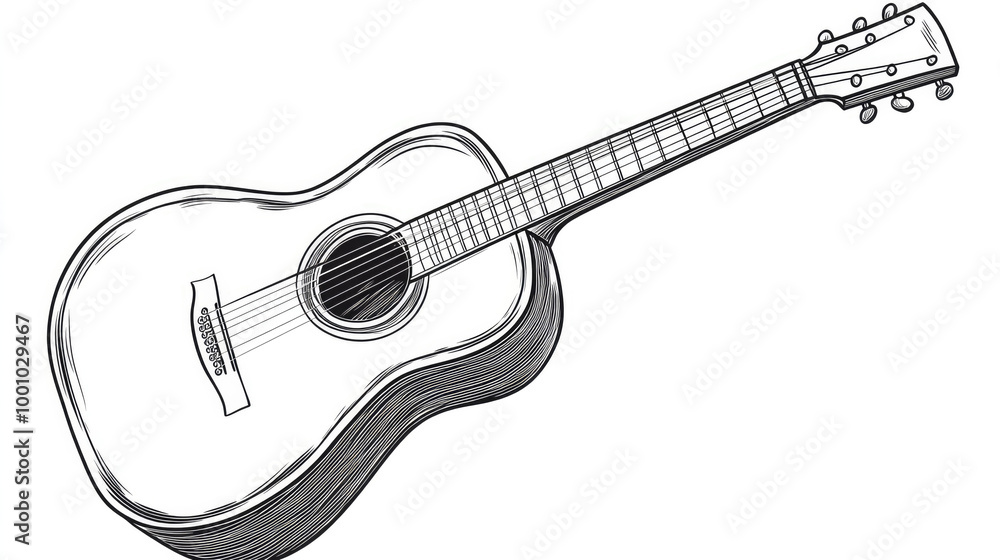 A line drawing of an acoustic guitar showing detailed strings, body, and head of the instrument. The illustration captures the essence of musical creativity and artistry. A line drawing of an acoustic guitar showing detailed strings, body, and head of the instrument. The illustration captures the essence of musical creativity and artistry.