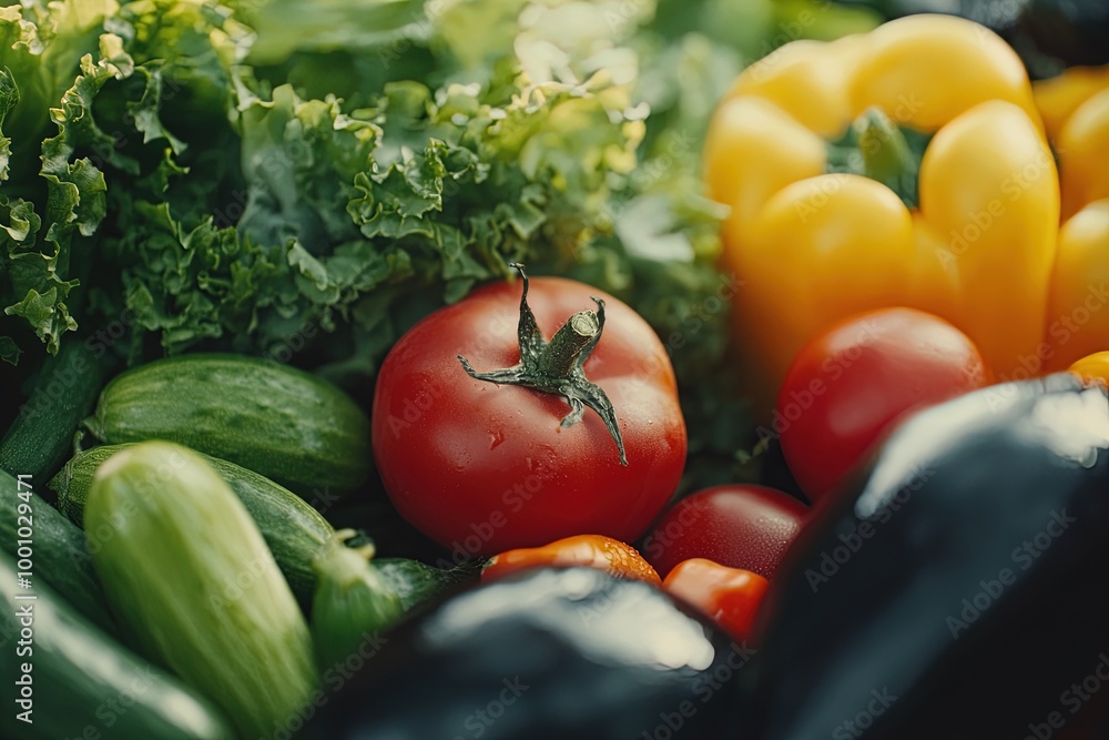 Fresh Vegetables Including Tomatoes, Cucumbers, and Bell Peppers Arranged Beautifully in a Vibrant Display at a Local Market