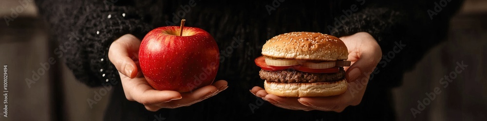 burger and apple in hands. Selective focus burger and apple in hands. Selective focus
