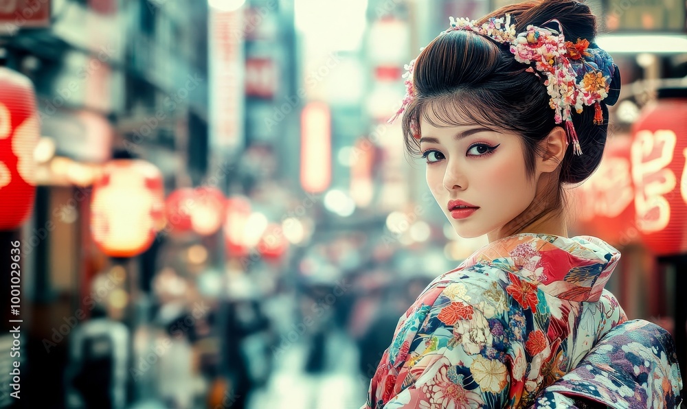Woman in kimono with red lanterns. Woman in kimono with red lanterns.