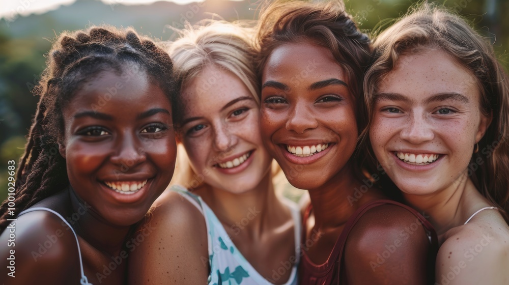Smiling young women from different races, standing closely together and smiling warmly Smiling young women from different races, standing closely together and smiling warmly
