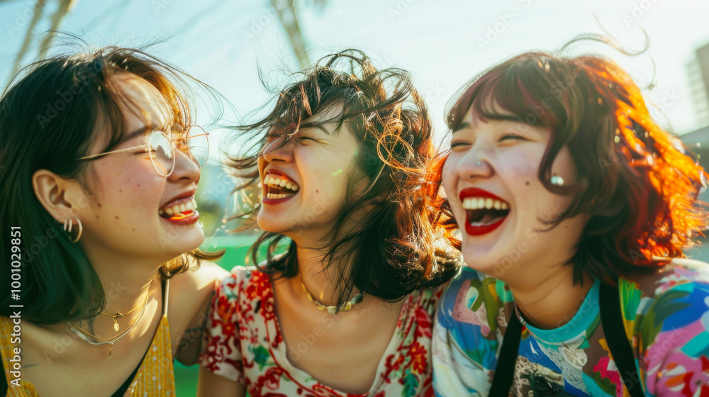 Friends share joy and laughter on a warm, sunny day, surrounded by greenery and urban vibes, creating a carefree atmosphere. Friends share joy and laughter on a warm, sunny day, surrounded by greenery and urban vibes, creating a carefree atmosphere.