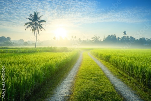 A pathway cutting through sawah padi fields with vibrant green rice plants swaying gently in the breeze.