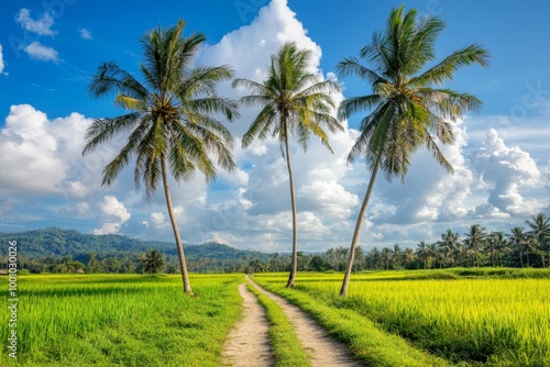 A pathway cutting through sawah padi fields with golden rice ready for harvest on a sunny day.