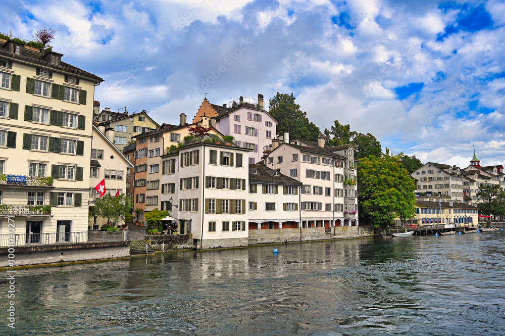 Old buildings in Zurich, Limmet river riverbank, Switzerland Old buildings in Zurich, Limmet river riverbank, Switzerland