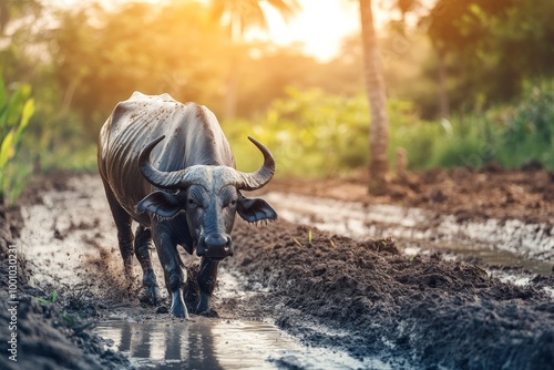 A water buffalo walking through sawah padi fields under the bright sun. photo