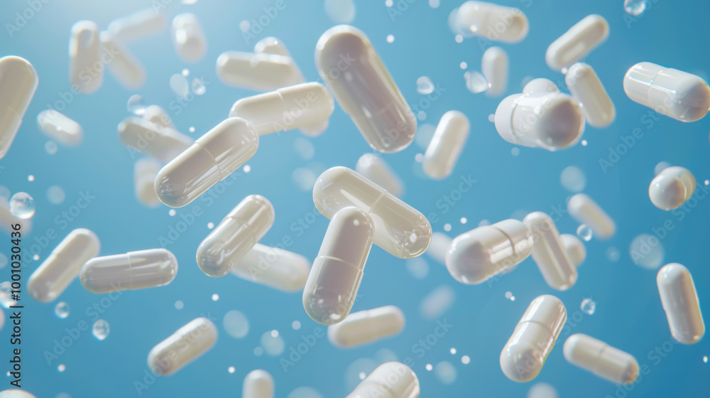 Capsules floating in the air against a blue background Capsules floating in the air against a blue background