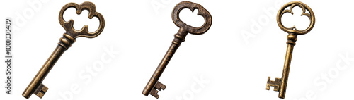 Vintage Decorative Keys on Display Isolated on Transparent Background