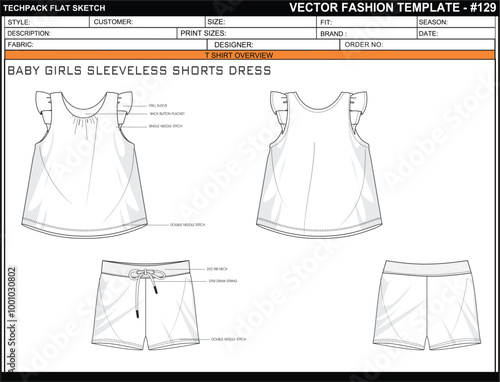 #129 TECH PACK BABY GIRLS SLEEVELESS SHORTS DRESS FASHION EASY EDITABLE TECHNICAL FLAT SKETCH ILLUSTRATION DESIGN.eps
