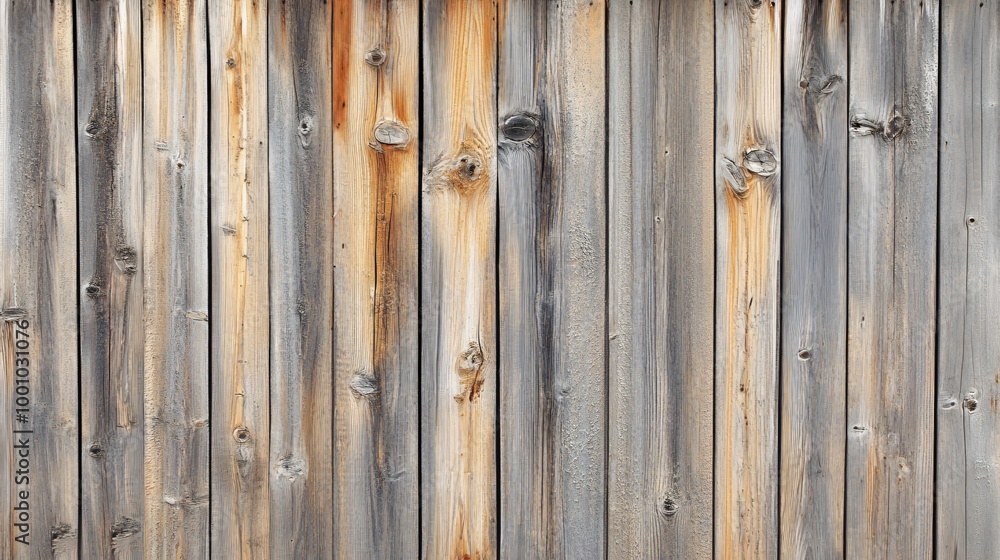 Close-up of weathered, vertical wooden planks, with knots and grain patterns. Close-up of weathered, vertical wooden planks, with knots and grain patterns.
