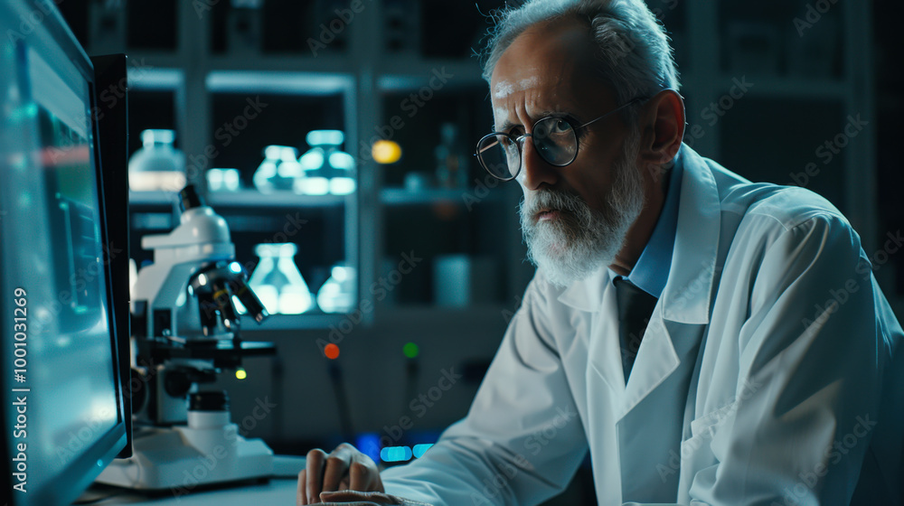 Elderly scientist working intently at a computer in a laboratory filled with equipment during nighttime Elderly scientist working intently at a computer in a laboratory filled with equipment during nighttime