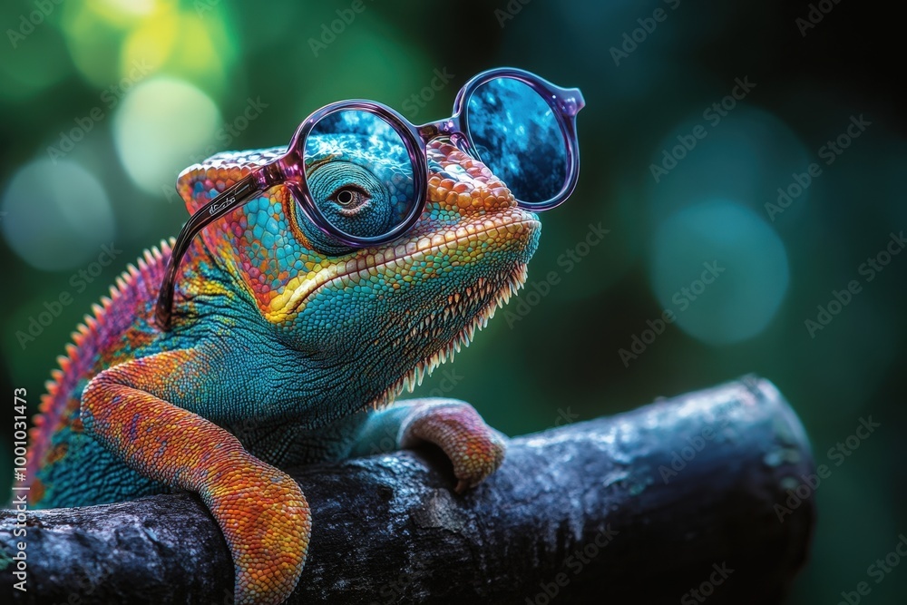 Colorful chameleon wearing sunglasses Colorful chameleon wearing sunglasses
