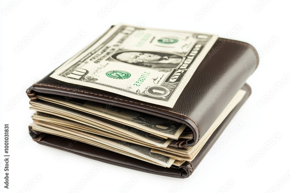 Brown wallet filled with cash and dollar bills, white isolate background Brown wallet filled with cash and dollar bills, white isolate background