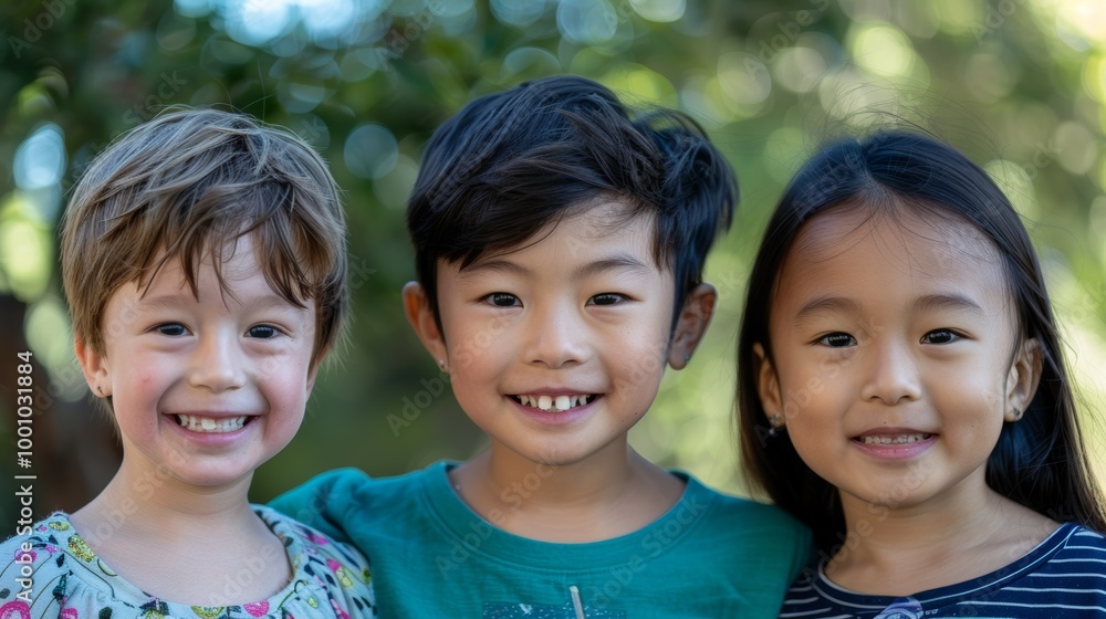 Three smiling children with different hair textures, close-up Three smiling children with different hair textures, close-up