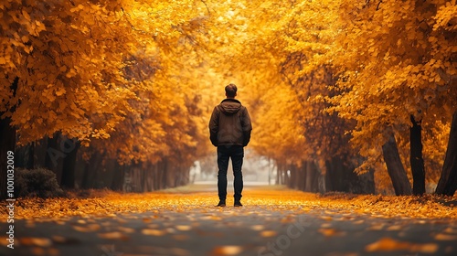 A man standing in the middle of a quiet road, the autumn trees lining the path with their golden leaves, his jacket flapping gently in the breeze.