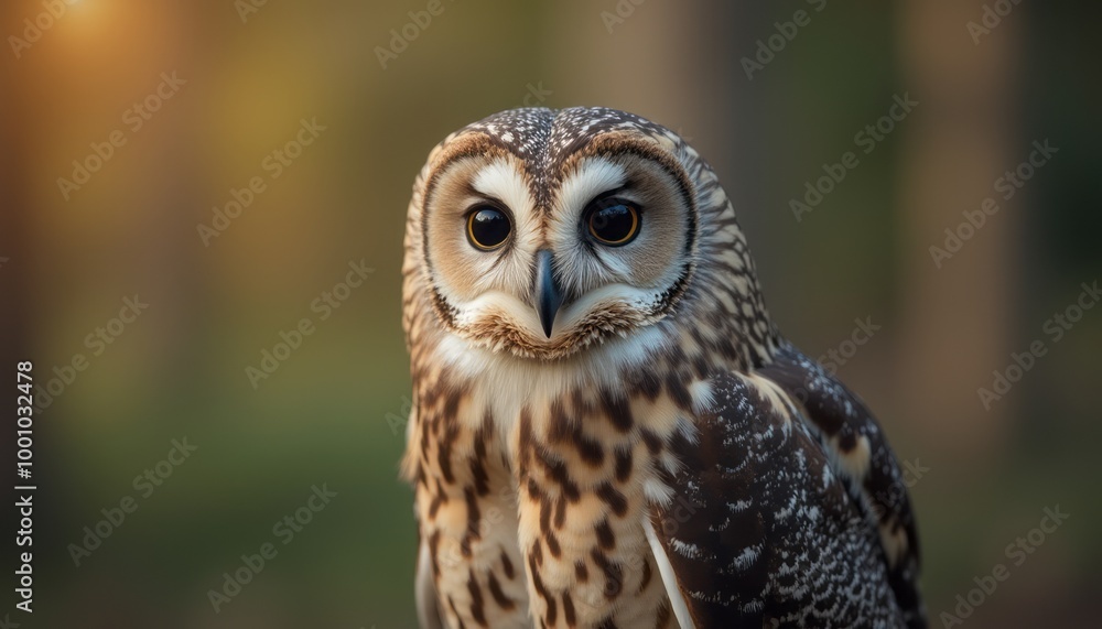 A striking owl looks directly at the camera, standing out in a natural forest setting with soft, warm lighting. A striking owl looks directly at the camera, standing out in a natural forest setting with soft, warm lighting.