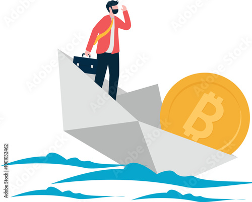 Business man sinking at sea in paper boat full of bitcoins

