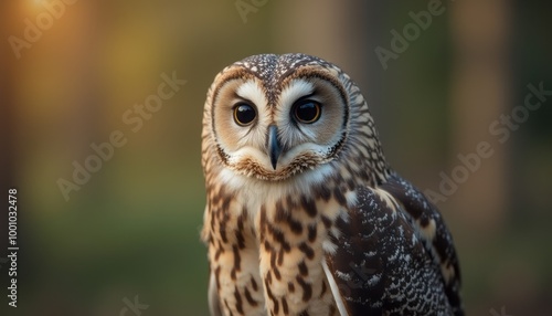 A striking owl looks directly at the camera, standing out in a natural forest setting with soft, warm lighting.