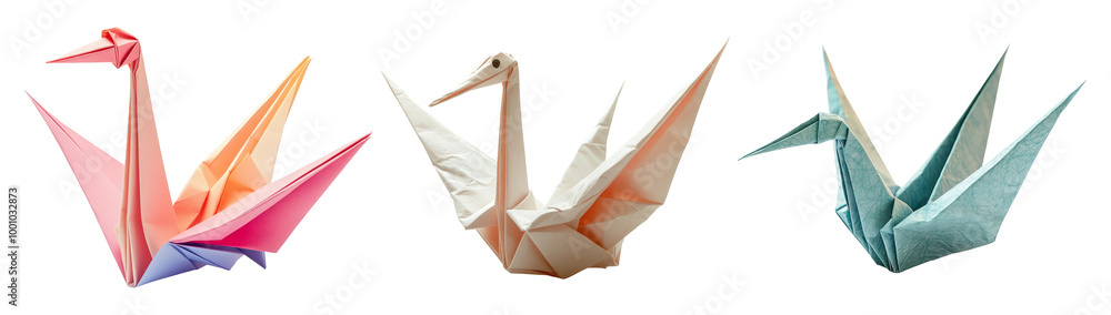 Naklejka premium Colorful Paper Cranes and Swans in Origami Art Isolated on Transparent Background