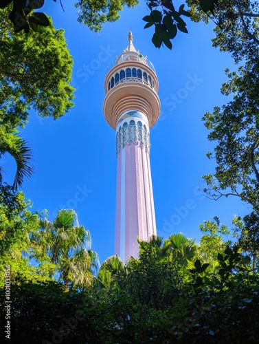 Ornate tower surrounded by lush greenery
