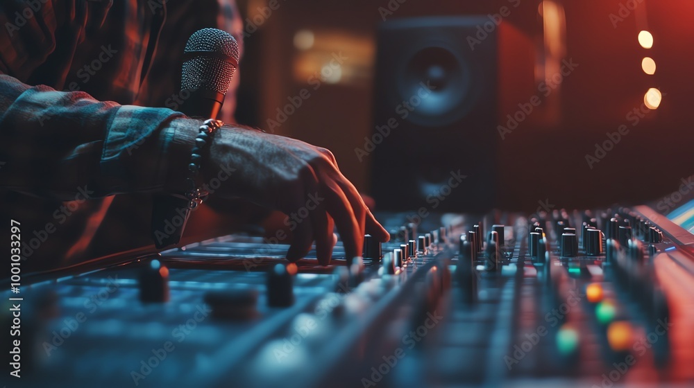 Fototapeta premium A man using a microphone in a recording studio.