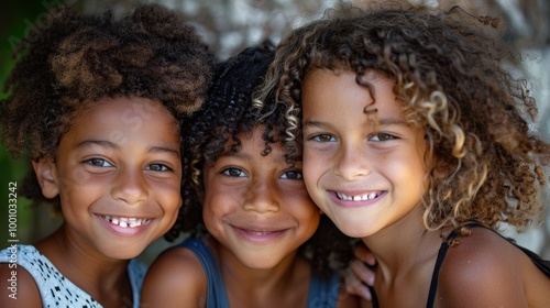 Three smiling children with different hair types, faces close