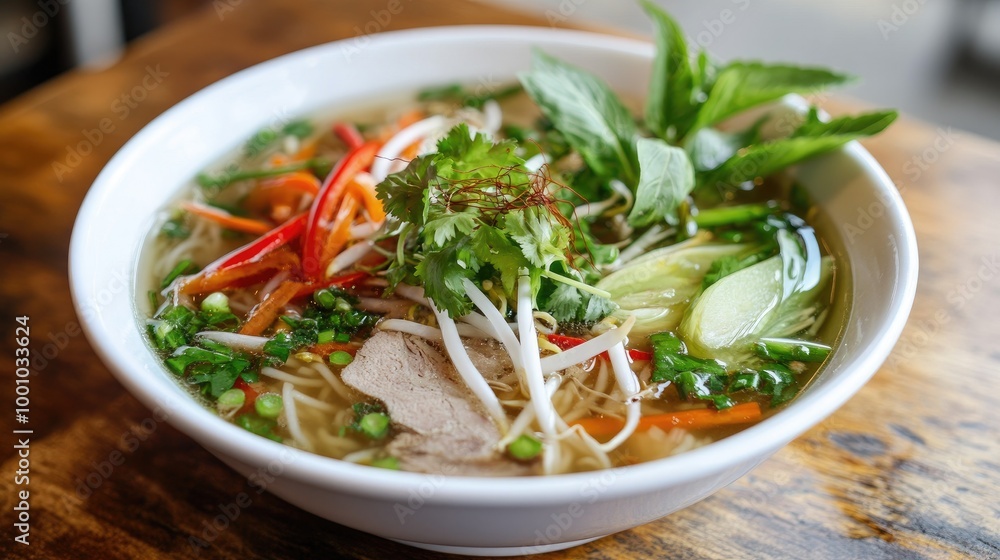 A beautifully plated bowl of noodle soup with clear broth, loaded with vegetables, herbs, and sliced meat, set against a rustic wooden table. A beautifully plated bowl of noodle soup with clear broth, loaded with vegetables, herbs, and sliced meat, set against a rustic wooden table.