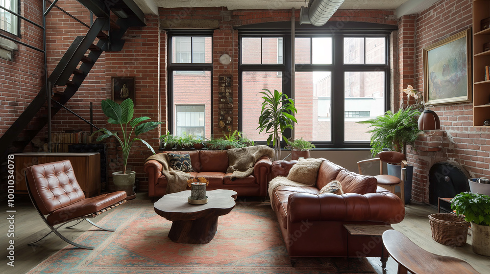 Industrial loft-style living room interior design with exposed brick ...