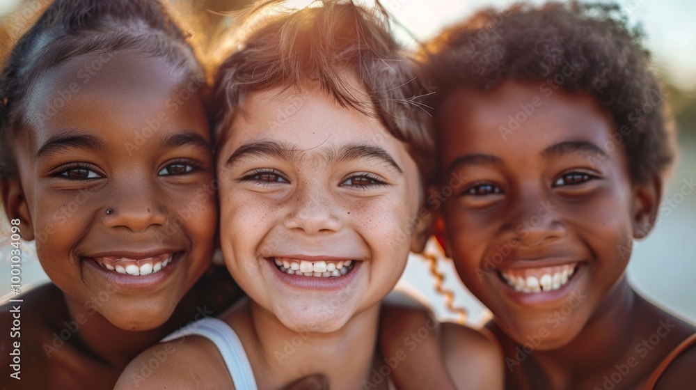 Fototapeta premium Three smiling children with different skin tones, faces close together