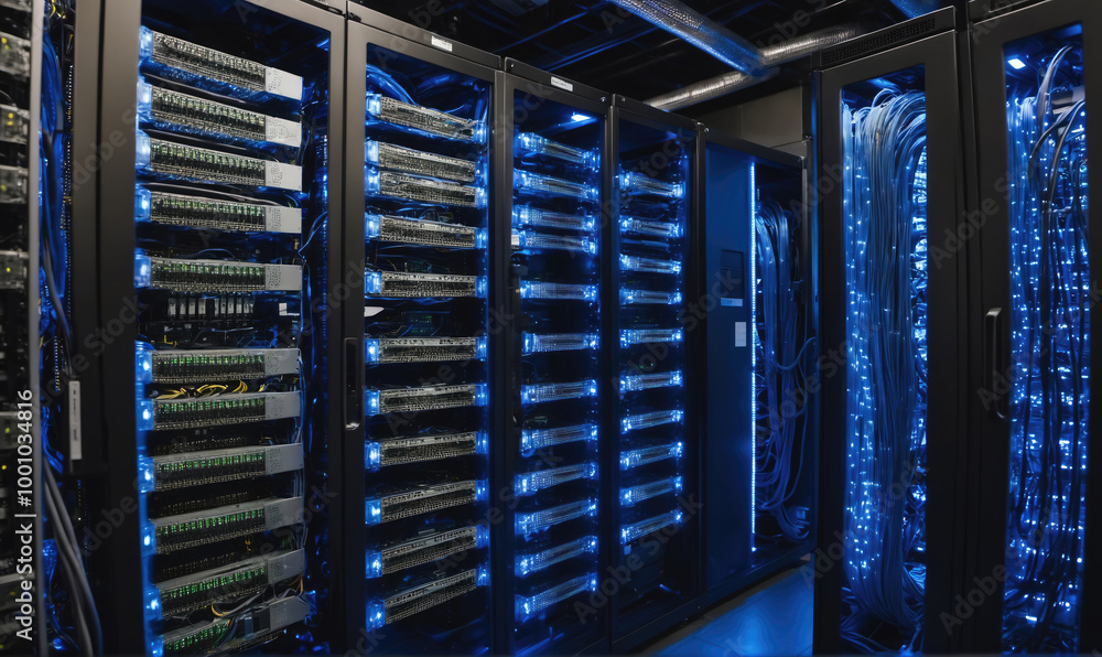 A server room with many racks of servers lit by blue lights A server room with many racks of servers lit by blue lights