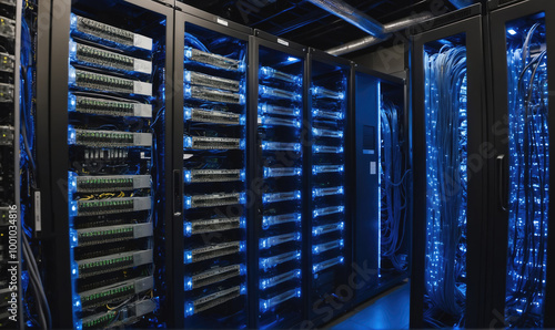 A server room with many racks of servers lit by blue lights