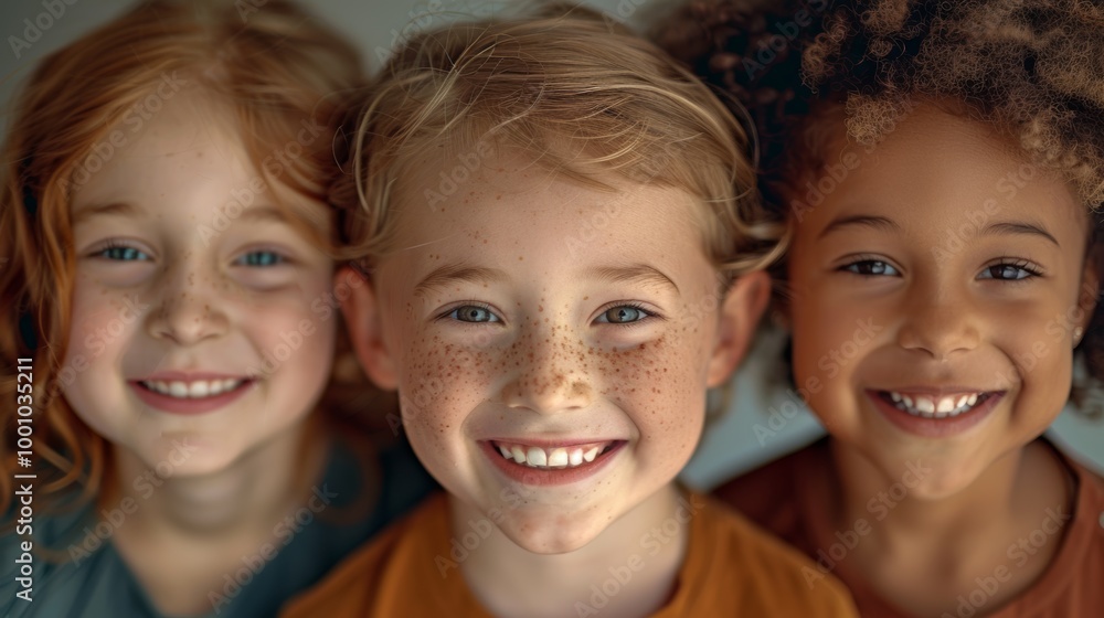 Three smiling children with varied skin tones, faces close Three smiling children with varied skin tones, faces close
