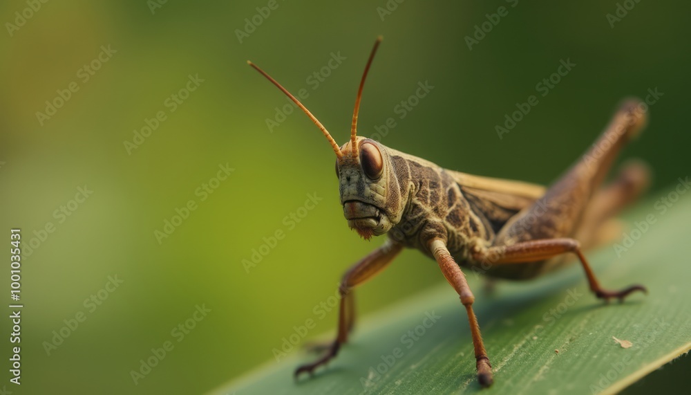 A detailed close-up of a grasshopper perched on a green leaf, showing the intricate details of the insect and the natural setting. A detailed close-up of a grasshopper perched on a green leaf, showing the intricate details of the insect and the natural setting.
