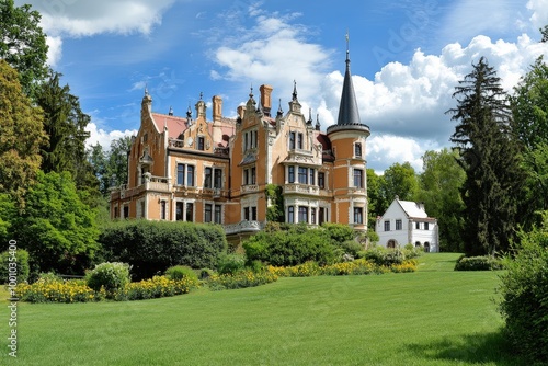 Ornate historic castle surrounded by lush gardens