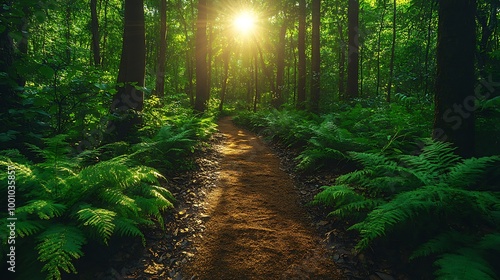 A sunlit path through a lush green forest, surrounded by ferns and trees.