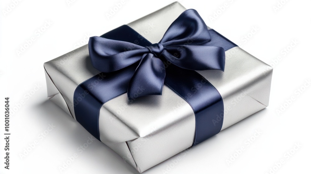 Obraz premium Elegant silver-wrapped New Year gift with a navy blue satin bow, isolated on a white background for a luxurious touch.