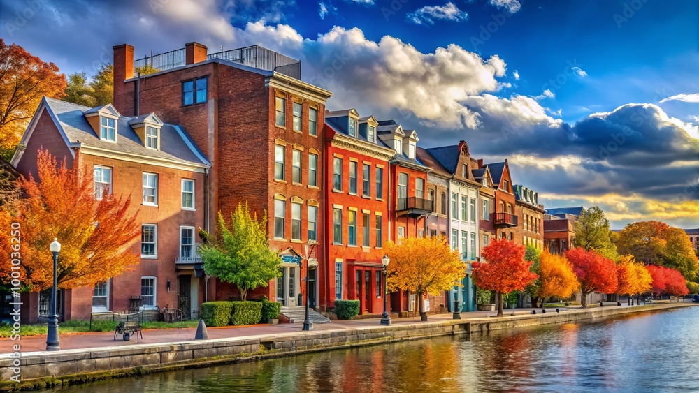 Naklejka premium Colorful Red Brick Buildings Along Whitehurst Highway at Georgetown Waterfront in Autumn Scene