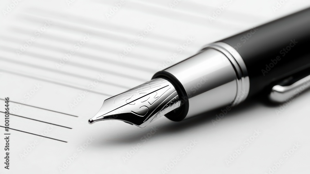 Fountain pen close-up on blank paper with lines, elegant writing tool. Fountain pen close-up on blank paper with lines, elegant writing tool.