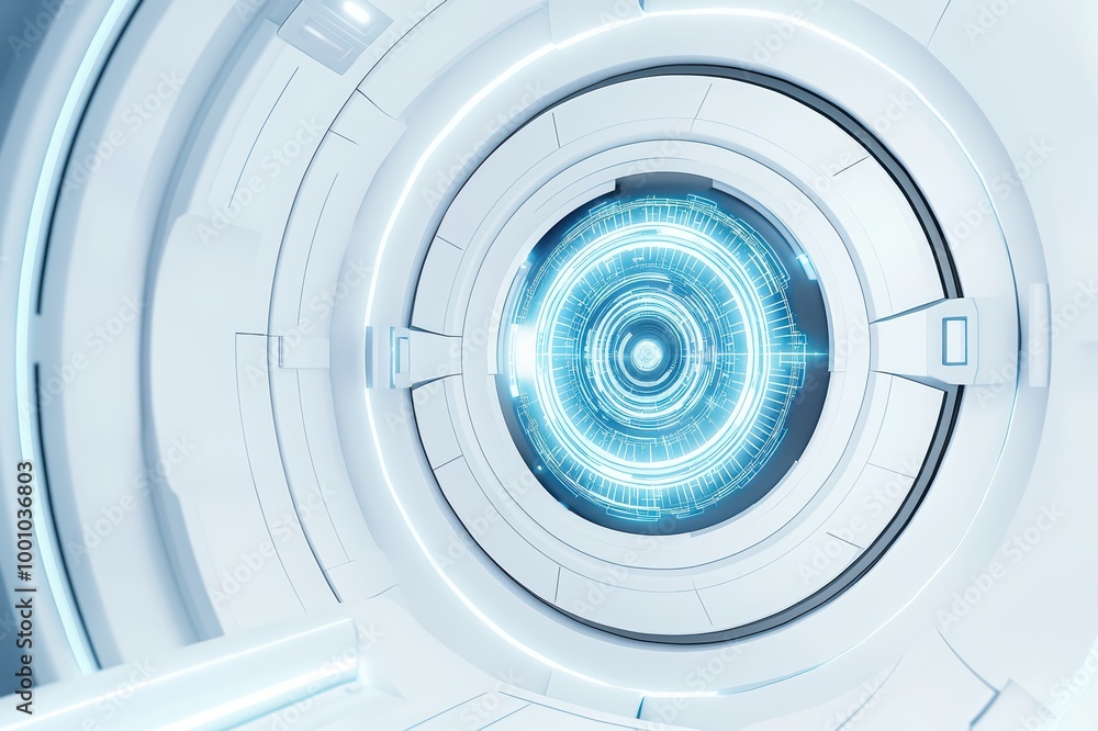 Fototapeta premium Futuristic circular interface with glowing blue digital elements, isolated on white.