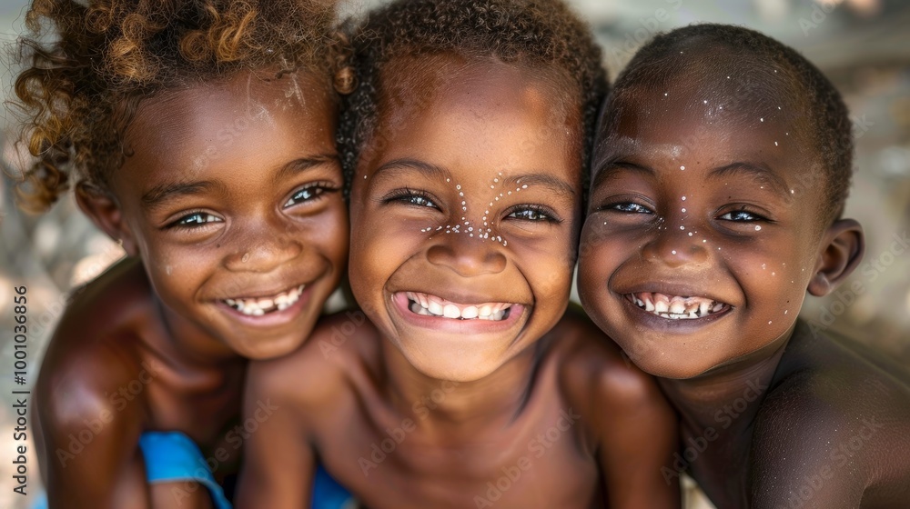 Three smiling children with varied skin tones, faces close Three smiling children with varied skin tones, faces close