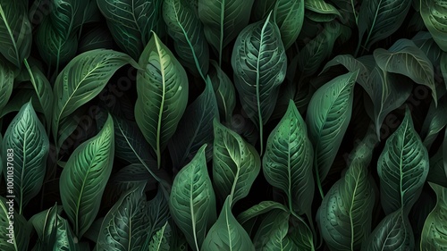 leaves of Spathiphyllum cannifolium, abstract green texture, nature background, tropical leaf Generative AI