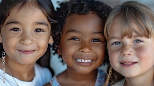 Three smiling kids of different ethnic backgrounds, faces close