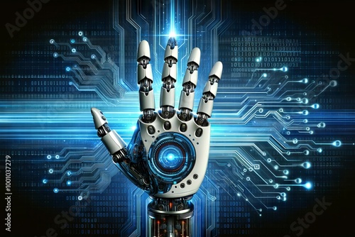 A robotic hand with exposed mechanical parts extending forward, set against a futuristic digital background with binary code