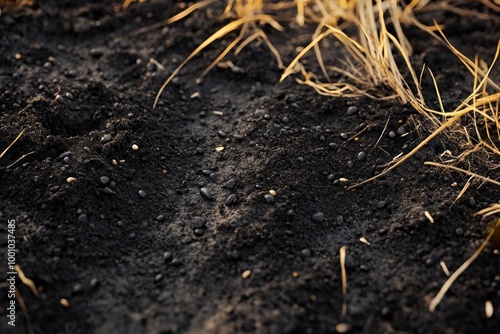 close-up of dark soil with dried grass