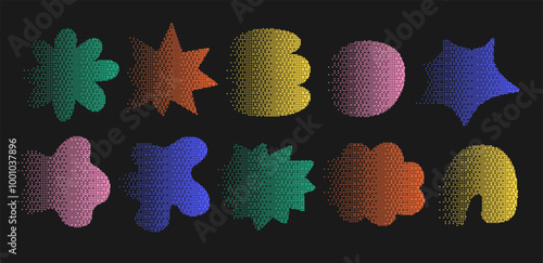 Set of gradient pixel abstract playful shape. Explosion multicolor stars and cloud in bitmap 8-bit Style. Futuristic retro design in y2k style.