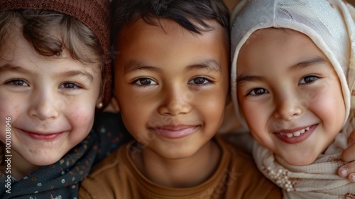 Three smiling kids of varied ethnicities, faces close