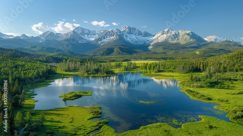 Mountain lake with forest reflection and scenic peaks 