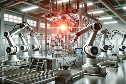 A high-tech robotic assembly machine with multiple robotic arms working in a modern industrial setting