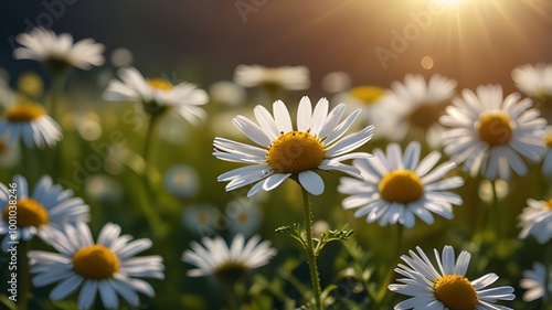 Chamomile field flowers border. Beautiful nature scene with blooming medical chamomilles in sun flare. Generative AI photo