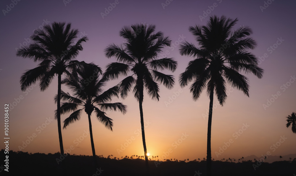 Obraz premium Palm trees stand tall against a vibrant sunset, creating a picturesque scene